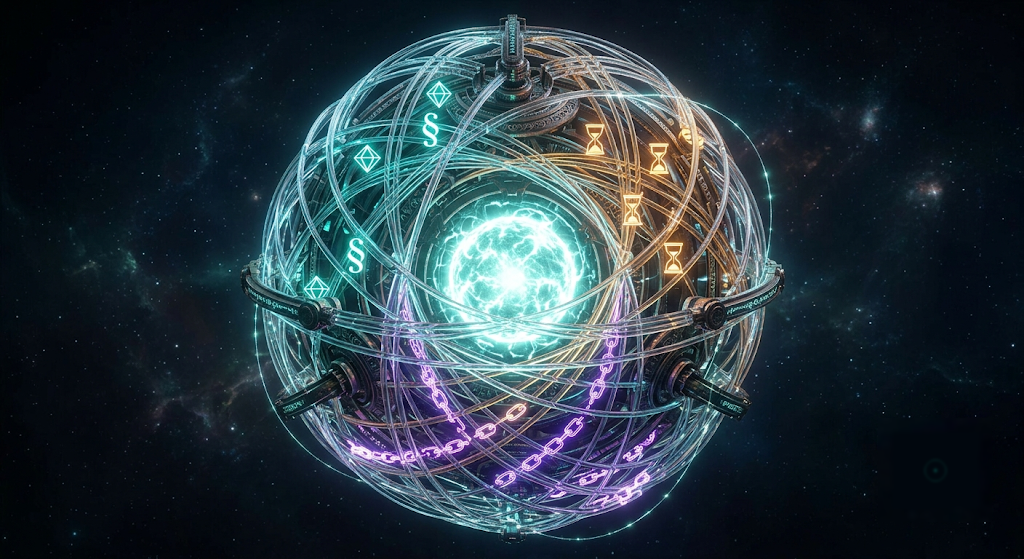 Abstract visualization of the Illuminatio Engine as a glowing fiber-optic lattice with the three logic categories fact drift, space-time collision, and structural gap
