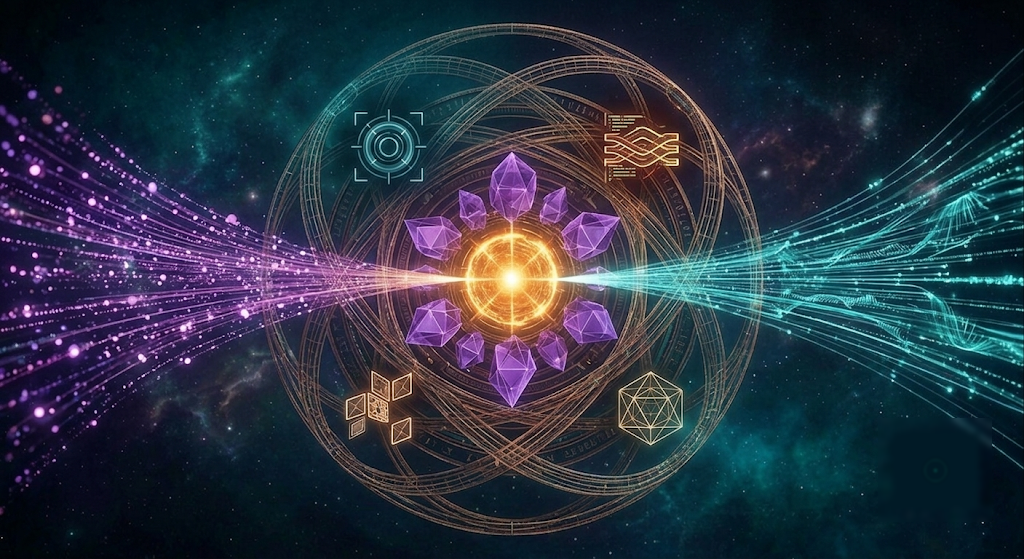Abstract visualization of data sovereignty: a protected manuscript core with two beams representing hosting and export