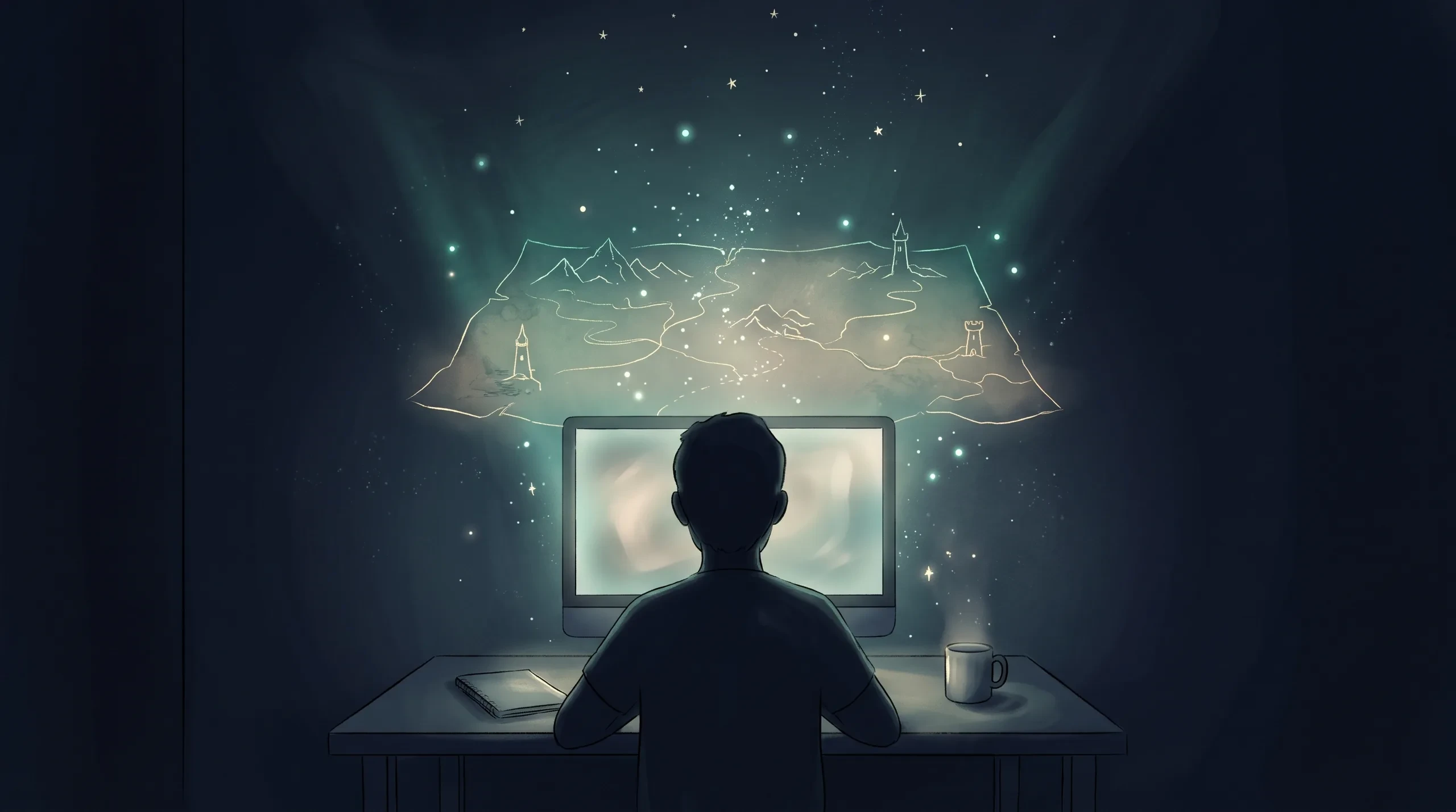 A person sits at a desk at night, a glowing map with mountains and towers rising above the screen.