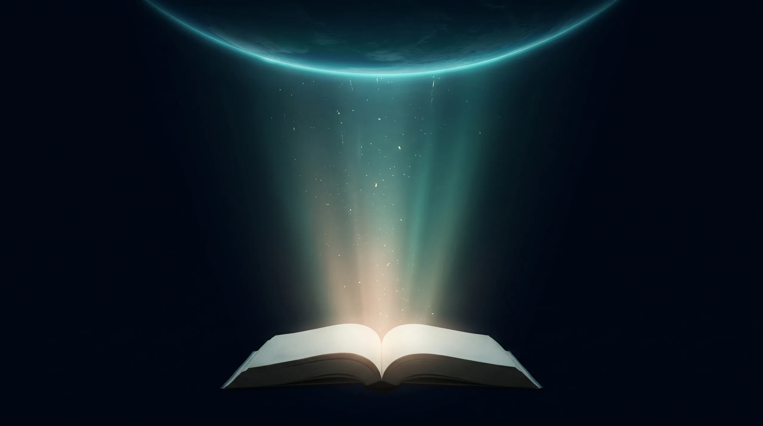 Light rises from an open book toward a world in space.