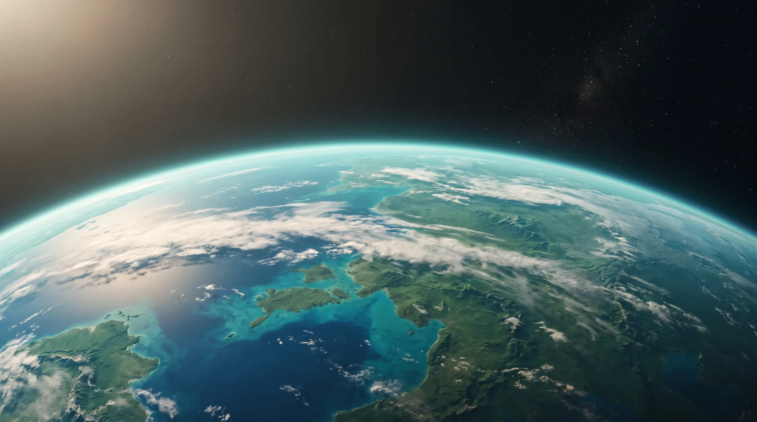A view from space of a blue-green world with a shimmering atmosphere.