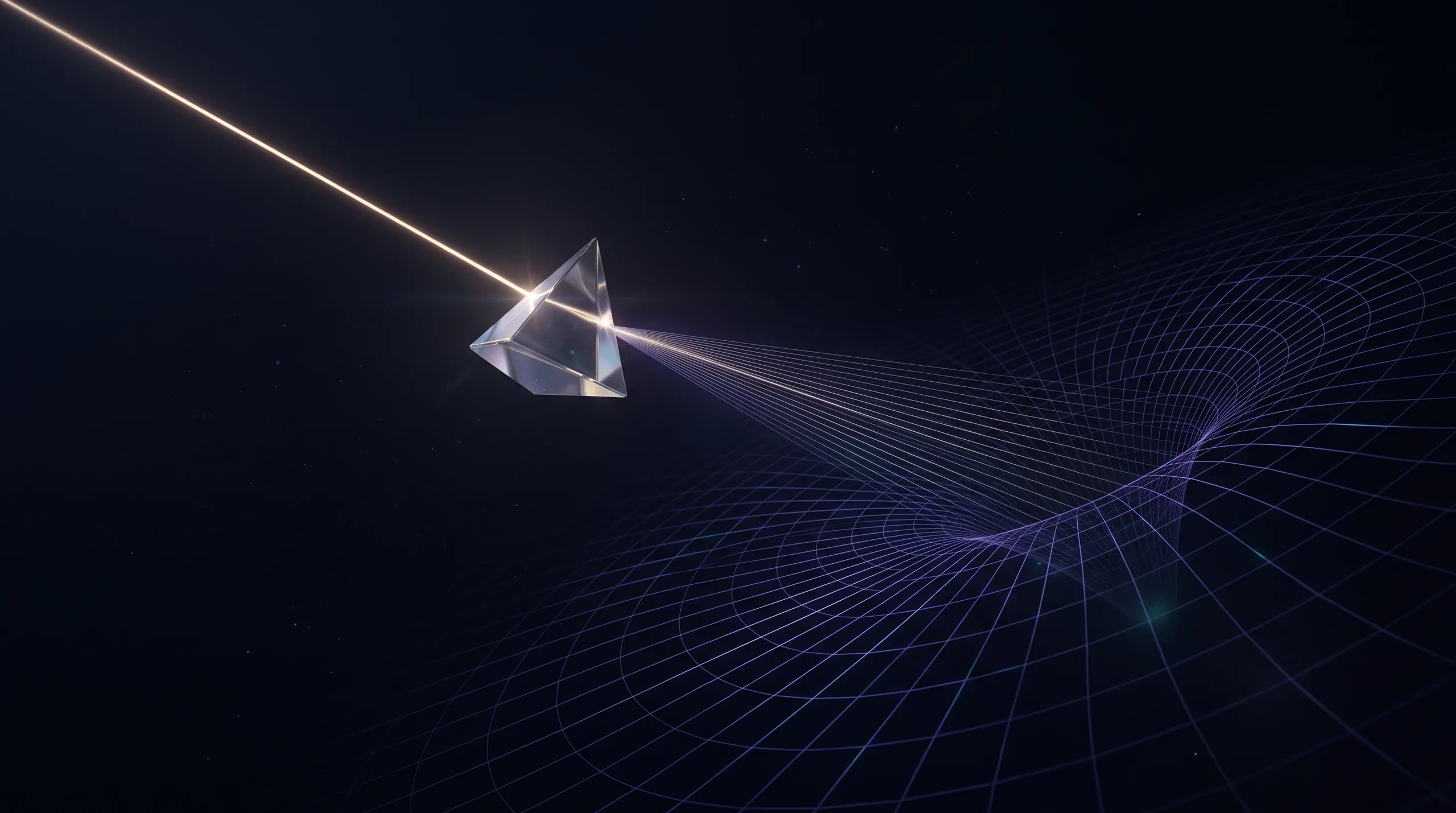 A beam of light refracts in a prism and fans out into a wide grid.